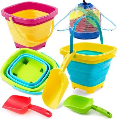 Image de Ensembles de seaux pliables pour la plage et le camping, jaune, bleu, vert