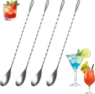 Zdjęcie produktu dla Barlepels – Zestaw 4 sztuk – Długie łyżki – Łyżeczki do koktajli – 25 cm – Stal nierdzewna – Mieszadła do drinków ze spiralnym wzorem i polerowaną powierzchnią