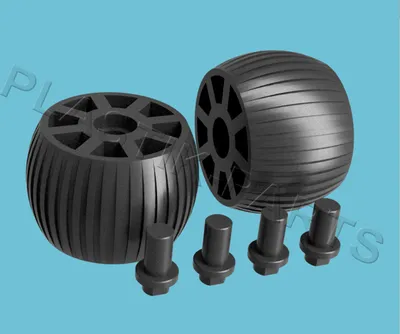 Two black robotic lawnmower wheels and four black bolts are displayed against a light blue background.