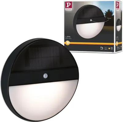 A product shot of a solar LED outdoor wall light and its packaging.