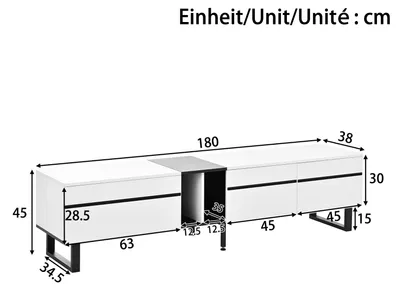 Immagine prodotto di Mobile TV a basso - Mobile TV - 180 x 38 x 45 cm - Pannello truciolare - Scomparto con sportello a ribalta - Ripiani aperti - 2 ante - Bianco