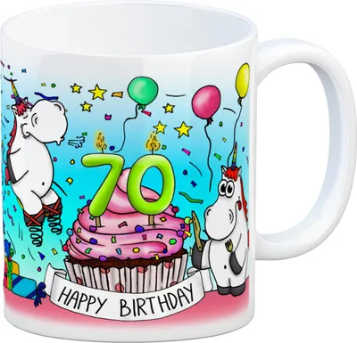 Produktbild von Honeycorns Tasse zum 70. Geburtstag mit Muffin und Einhorn Party Kaffeebecher