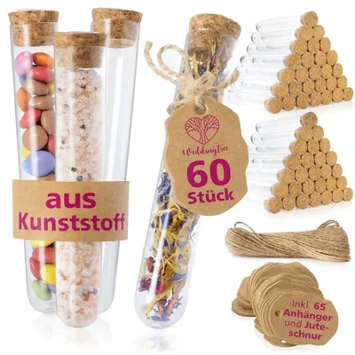 Produktbild von WeddingTree Reagenzgläser mit Korken 60 Stück 18 x 105 mm mit Anhänger