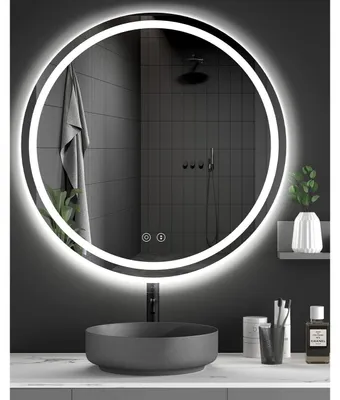 Zdjęcie produktu dla Okrągłe lustro do łazienki LED, 70x70 cm, z możliwością regulacji jasności, 3 barwy światła, powłoka antyfogowa