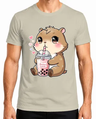 Imagen del producto de Camiseta con diseño de "Boba Love Hamster Bubble Tea" estilo kawaii, ideal como regalo para niñas y niños, con motivos de té de burbujas, naturaleza y animales