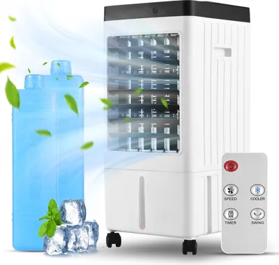 Obrázek produktu pro Odpařovací ochlazovač vzduchu, oscilační chladicí box se 2 boxy na led / 2,11 galonovou nádrží na vodu, 3 rychlosti větru, tichý provoz, chladicí ventilátor bez ventilátoru, zvlhčovač vzduchu pro použití v interiéru, domácí kanceláři a koleji