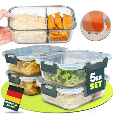 Produktbild von uandu Glasbehälter mit Deckel, 5- teilig, mit 2 Fächern, Meal prep Gläser, Frischhaltedosen Glas mit Deckel, Glasdosen mit Deckel Set, Meal prep Boxen