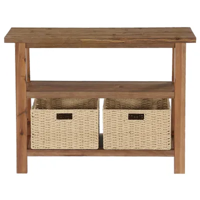 Produktbild von Tribesigns Massiver Konsolentisch mit 2 Ablagen und 2 Aufbewahrungskörben,105 cm kleiner Landhaus-Sofatisch  aus Holz mit Stauraum für Eingangsbereich