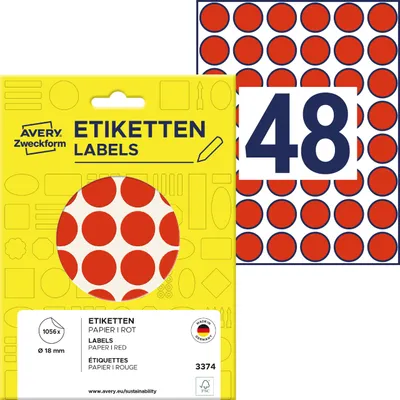 Produktbild von Avery Zweckform 3374, Markierungspunkte, ? 18 mm, 1.056 Markierungspunkte / 22 Bögen, rot