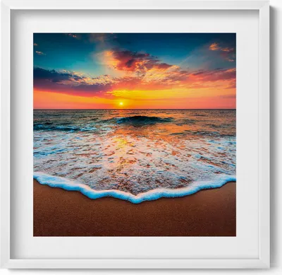 Produktbild von Sonnenuntergangslandschaft über dem Meer– Wandbild mit Rahmen – Gerahmtes Bild  – Wanddekoration – 50x50 cm –  Weiß Rahmen