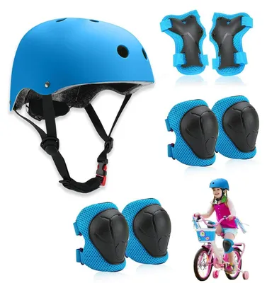 Produktbild von Schutzausrüstung Kinder Set mit Helm Knieschoner Ellenbogenschoner Handgelenkschoner Blau 7-teilig