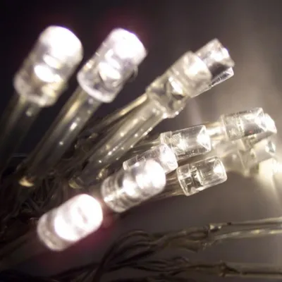 A close-up view of a string of white LED lights.