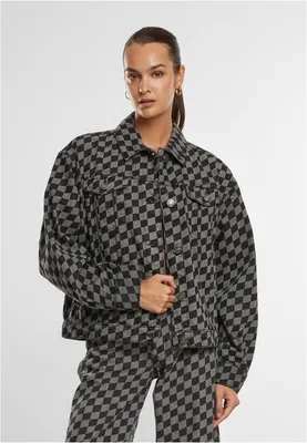 Productafbeelding van Damesjeansjas Urban Classics, model 80's Oversized, met laserprint, kleur zwart, artikelnummer: blacklasercheck - maat M