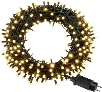 A coiled string of warm white LED lights with a black power adapter.