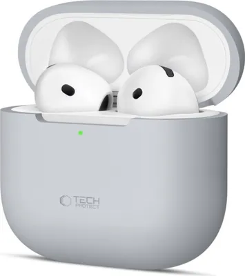 A pair of white AirPods Pro 2nd generation earbuds are shown inside their gray charging case, with the lid open.