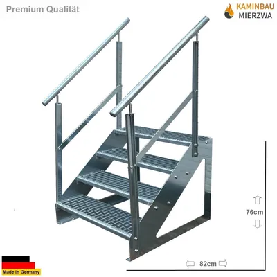 A galvanized steel staircase with four steps and a double-sided railing, shown against a white background with dimensions indicated.