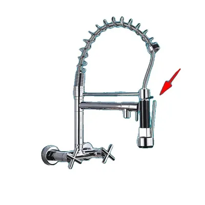 A chrome kitchen faucet with a pull-out spray nozzle and a coiled hose, mounted on a wall.