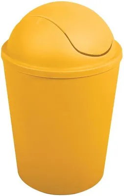 A yellow trash can with a swing lid.