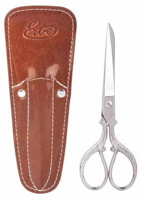 Produktbild von Vintage Haushaltsschere, 15 cm, mit Brauner Lederscheide, Edelstahl Verziert