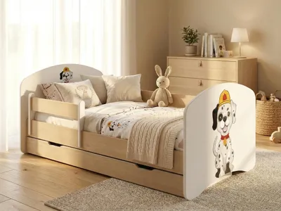Obrázek produktu pro Dětská postýlka 140 × 70 cm s úložným prostorem | Dětská postýlka „Happy“ v hruškovém dekoru | Včetně bezpečnostní bočnice, motiv se psem