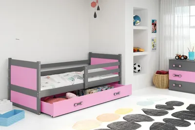 Obrázok produktu pre Detská posteľ s úložným priestorom a matracom 90x200 FERGUS - grafitová / ružová