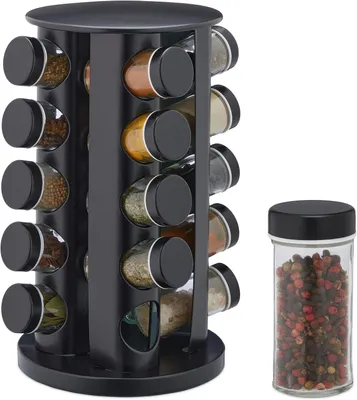 Imagen del producto de Estante giratorio para hierbas - Acero inoxidable - Redondo - 20 tarros de vidrio para especias con dosificador - Carrousel para especias para la cocina -