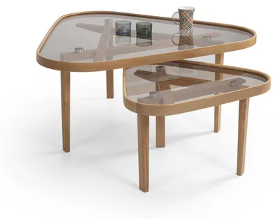 Obrázek produktu pro Minimalistické postranní stolky se skleněnou deskou a dřevěným rámem trojúhelníkového tvaru