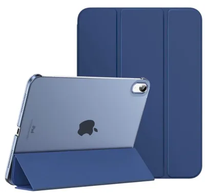 A blue iPad case is shown in two configurations: one standing upright and the other lying flat with the iPad inserted.