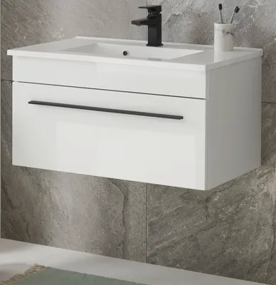 Produktbild von Waschtisch Set mit Waschbecken "Design-D" weiß Hochglanz Bad Möbel-Set hängend 80 cm