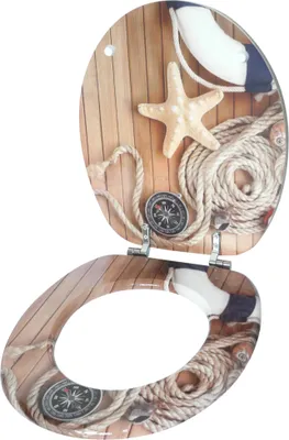 A toilet seat and lid with a nautical theme, featuring wood grain, ropes, a starfish, a lifebuoy, and a compass.