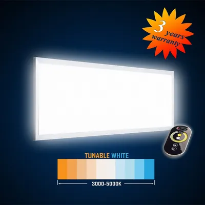 A rectangular LED panel light with a remote control and a color temperature spectrum display.