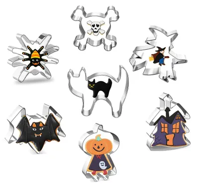Produktbild von 7-teiliges Halloween-Keksformen-Set aus Edelstahl für Kürbis-, Geister-, Hexen-, Katzen- und Fledermaus-Kekse