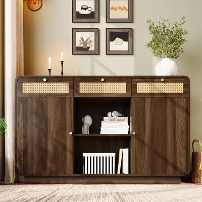 Produktbild von Sideboard 3 Schubladen und 2 Schränke Nussbaum Aufbewahrungsschrank Wohnzimmerschrank H85/B120/T40 cm