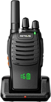 A black Retevis H777H walkie-talkie is shown in its charging dock against a white background.