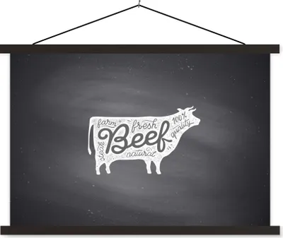 Produktbild von MuchoWow® Textilposter Kuh - Steak - Weiß 90x60 cm mit schwarzem Rahmen - Aufhängungssatz