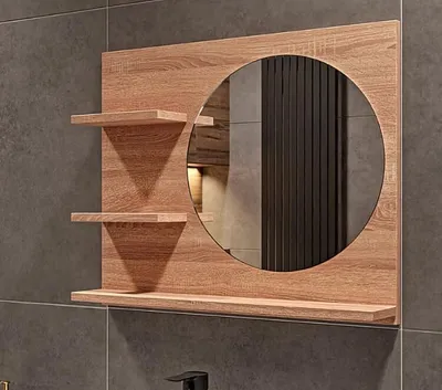 Produktbild von HAJDUK FURNITURE Lustro Łazienkowe z 3 Półkami Sonoma 60 x 50 cm Lustro Łazienkowe Okrągłe Średnica 40 cm - Lustro z Półkami po Lewej Stronie