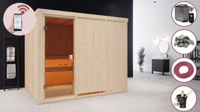 Produktbild von Karibu Sauna Innensauna Heimsauna HANNAH 5 Sparset 232x197 cm inkl. 9kw Ofen mit HUUM Wifi (App fähig) Steuerung