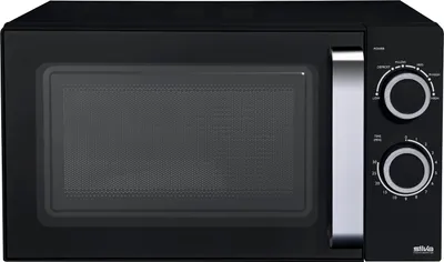 A black microwave oven with a silver handle and control knobs.