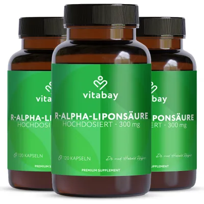 Produktbild von Vitabay R-Alpha-Liponsäure 300 mg – 360 vegane Kapseln (3er Bundle) – bioaktive R-Form – 12 Monate Vorrat