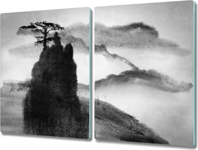 Produktbild von Coloray Hackbrett Herdabdeckplatte 2x40x52 cm Küchenbrett Kochplattenabdeckung Schneidebrett - Berg Baum Nebel