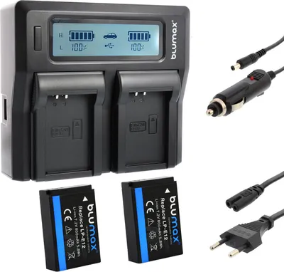 Produktbild von 2x Akku + Lader für Canon LP-E12 EOS M200 M100 M50 EOS 100D 800 mAh (7,2V)