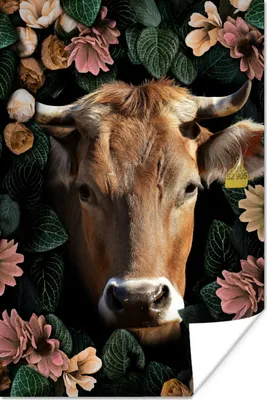 Produktbild von MuchoWow® Poster Kuh - Tiere - Blumen 40x60 cm - Plakate für die Wand - Poster Babyzimmer