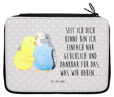 Produktbild von Mr. & Mrs. Panda Federtasche Wellensittich Liebe - Grau Pastell - Geschenk, Federpenal, Verknallt, Umarmung, Beziehung, Etui, Freundin, Mäppchen, Bleistiftetui, Vögel