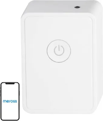 A white Meross smart hub with a power button icon and a smartphone displaying the Meross logo.