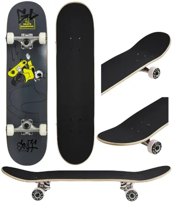 A collage of images showing a skateboard from different angles.