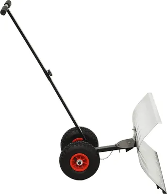 A product shot of a wheeled snow shovel against a white background.