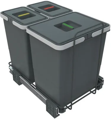 Zdjęcie produktu dla System segregacji odpadów Unyqoos® z 3 wyjmowanymi pojemnikami (18+8+8 L) – oszczędza miejsce, wymiary 33×36×46 cm, metalowe prowadnice i solidna konstrukcja ze stali i tworzywa sztucznego, pokrywa, w zestawie 5 samowiercących śrub