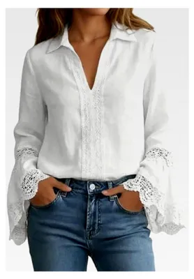 Produktbild von Damen Bluse aus Leinen mit langen Ärmeln, V-Ausschnitt, Spitzen-Details, Boho-Tunika, Blusenshirt mit Puffärmeln, leicht und luftig