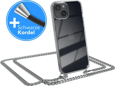 Produktbild von EAZY CASE Metall Handykette für Apple iPhone 13, Handyhülle mit Umhängeband, Silikonhülle, Metallkette für Smartphone in Silber