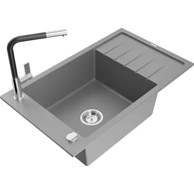 Obrázek produktu pro Mexen Elias 1-miskový granitový dřez s odkapávačem a kuchyňskou baterií Flora, Šedá - 6511-71-670401-07